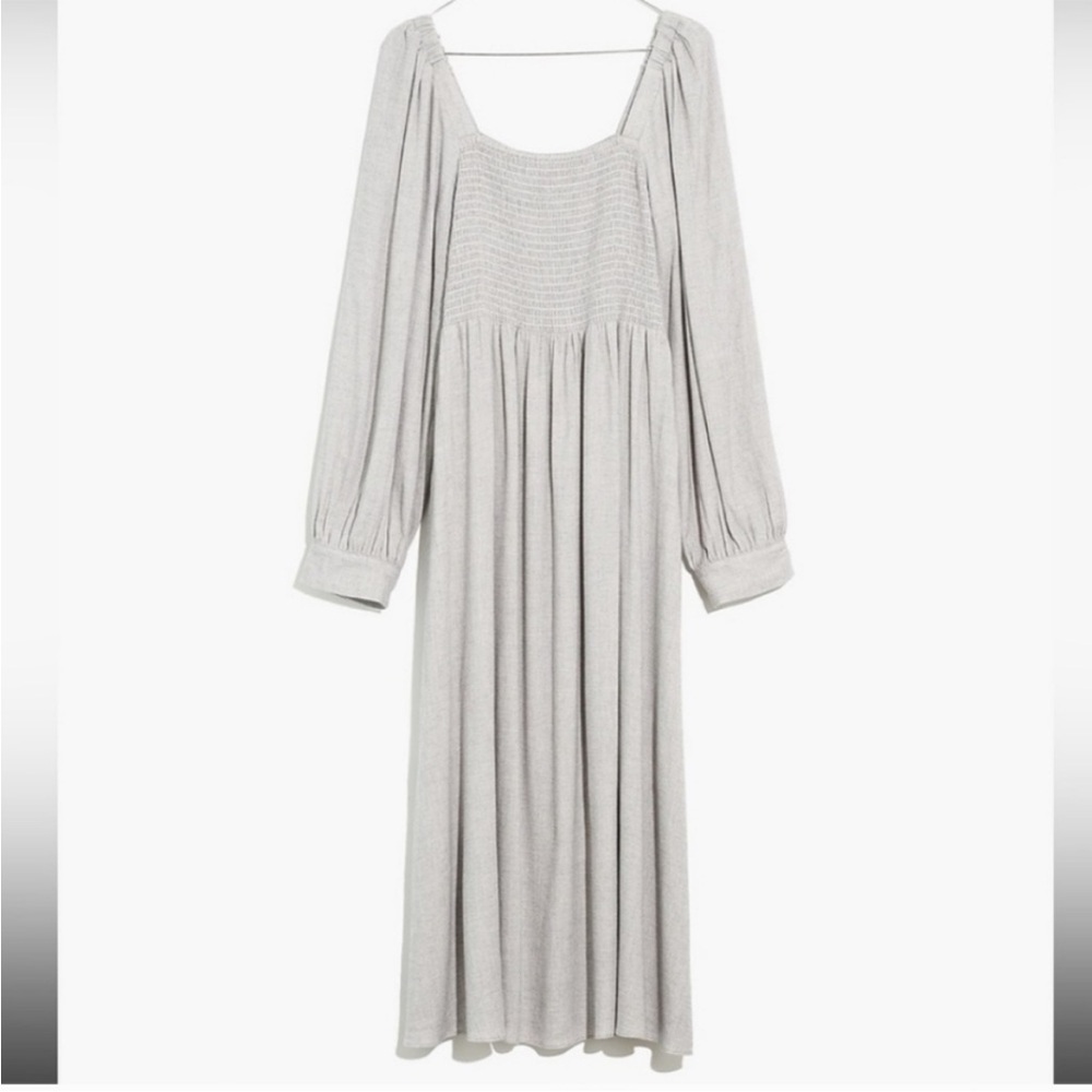 Madewell lucie long sleeve smocked midi dress in wool gauze.